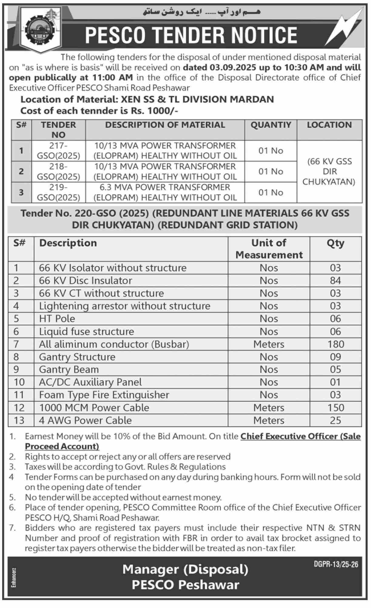PESCO Peshawar Tender Notice